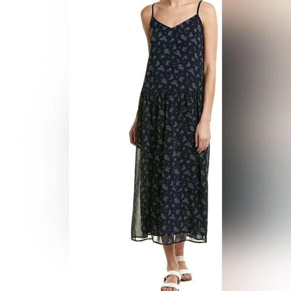 VINCE SP Coastal Navy Blue Calico Floral Print 100%SILK Cami Slip Midi Dress - Picture 7 of 13